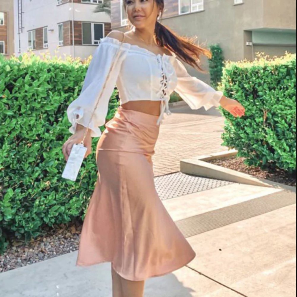 Peach Satin Button Long Skirt